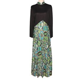 Vintage 70s Size Large Mod Maxi Dress Long Sleeve Evening Gown Modest Boho